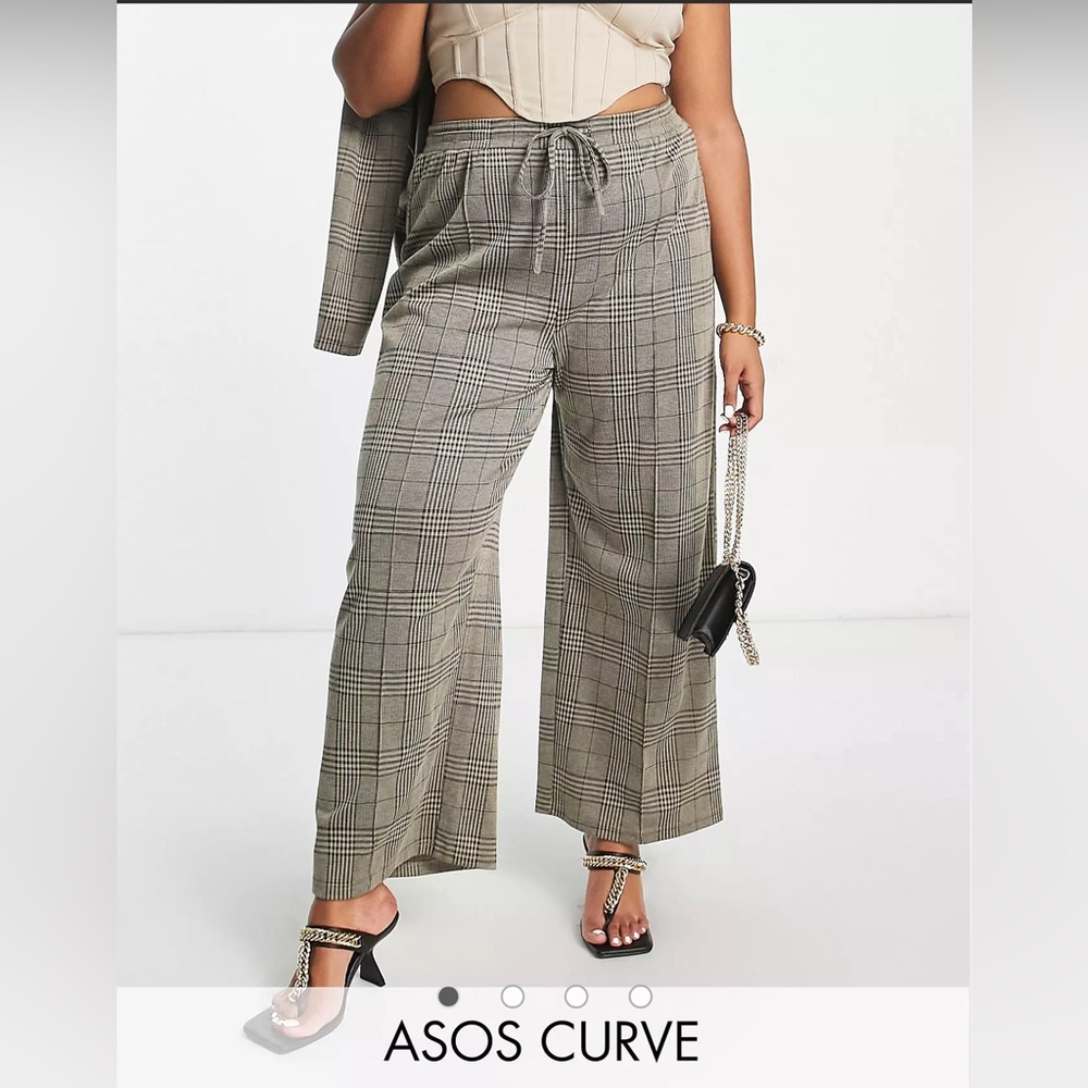ASOS DESIGN Curve jersey slouch wide leg pants in sage check
